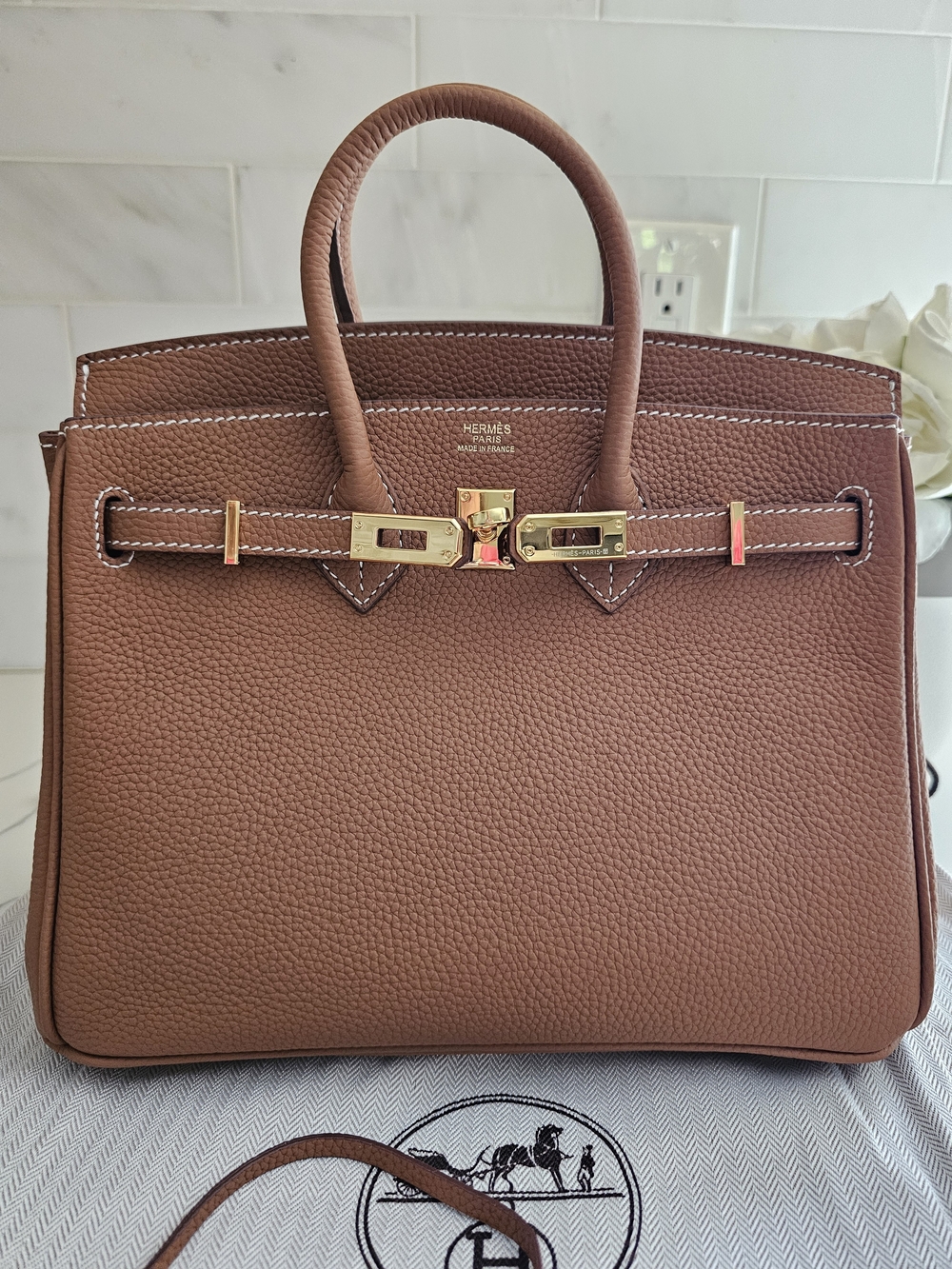 Brown Togo Leather Style Top Handle Bag
